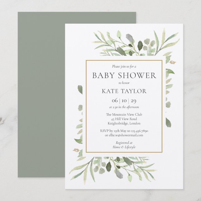 Invitation Aquarelle rustique Baby shower verdoyant / Saupoud (Devant / Derrière)