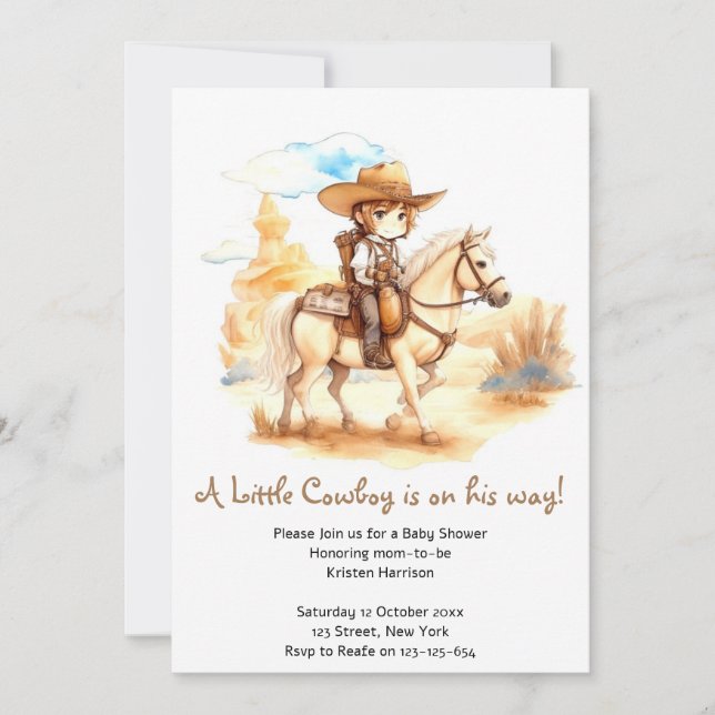 Invitation Aquarelle rustique Baby shower Western Cowboy (Devant)