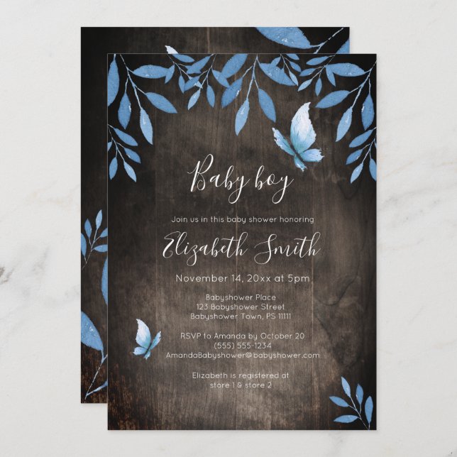 Invitation Aquarelle rustique bleu papillon fleuri babyshower (Devant / Derrière)