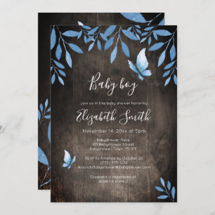 Invitation Aquarelle rustique bleu papillon fleuri babyshower