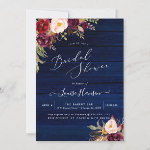 Invitation Aquarelle rustique Boho Marsala Peonies Bois bleu