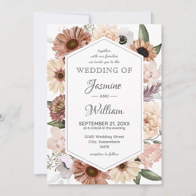 Invitation Aquarelle rustique Boho neutre Mariage floral Invi (Devant)