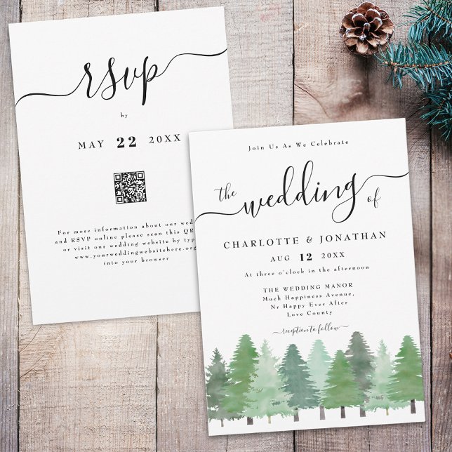 Invitation Aquarelle rustique Bois Mariage de forêt QR Code (Modern watercolor Woodland forest rustic wedding qr code rsvp invitation elegant script )