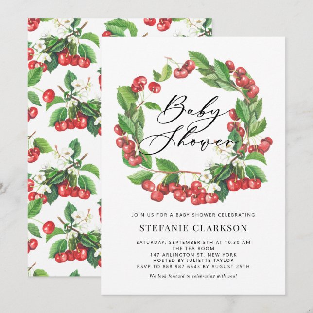 Invitation Aquarelle rustique Cerises rouges Baby shower de c (Devant / Derrière)