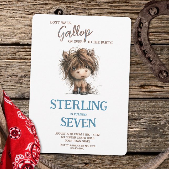 Invitation Aquarelle rustique Cheval bleu Garçon Brown Annive (Créateur téléchargé)