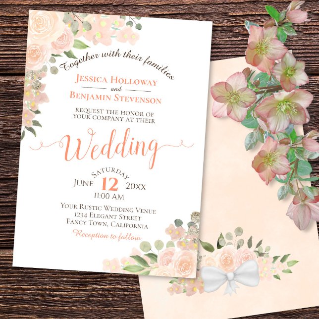 Invitation Aquarelle Rustique Corail Peach Floral Blanc Maria (In Situ Front/Back)