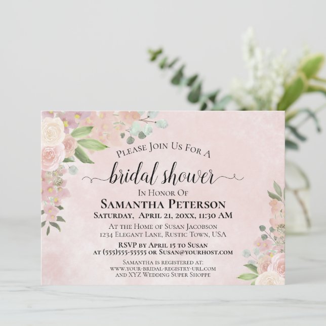 Invitation Aquarelle Rustique Dusty Rose Fête des mariées flo (Debout devant)