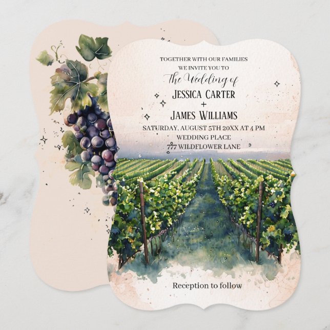 Invitation Aquarelle rustique Élégant Mariage de vignoble (Devant / Derrière)