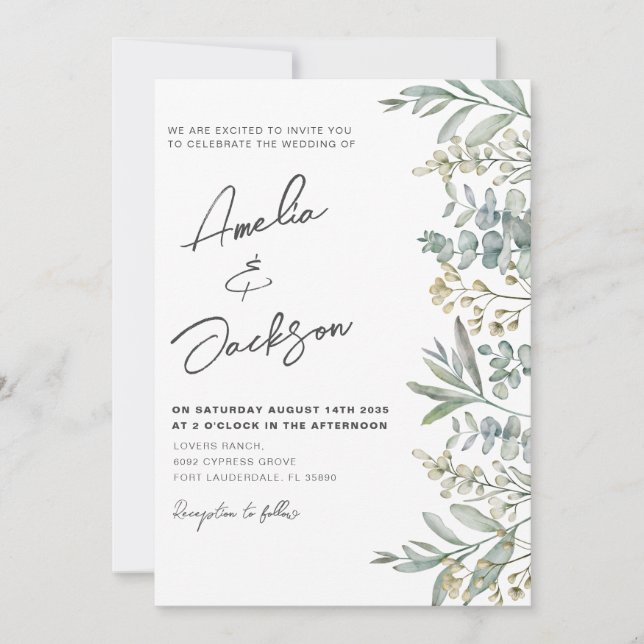 Invitation Aquarelle rustique Eucalyplace Mariage de verdure  (Devant)