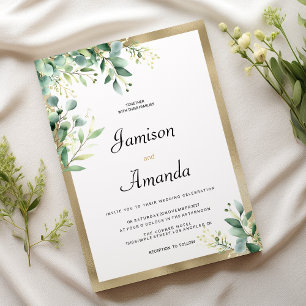 Invitation Aquarelle rustique eucalyptus vert Mariage or