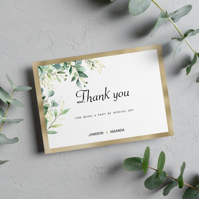 Invitation Aquarelle rustique eucalyptus vert Merci or (Watercolor rustic eucalyptus green gold Thank You)