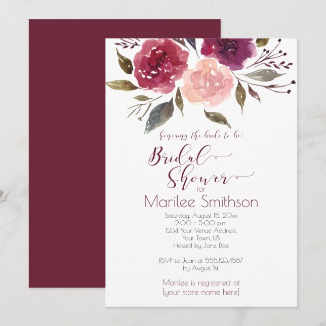 Invitation Aquarelle rustique Fête des mariées florale | (Devant / Derrière)