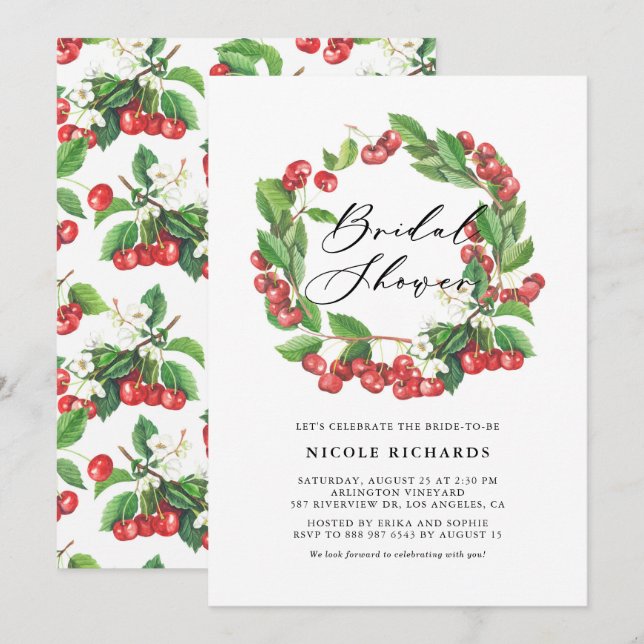 Invitation Aquarelle rustique Fête des mariées rouge cerisier (Devant / Derrière)
