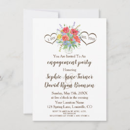 Invitation Aquarelle rustique Fleurs sauvages Coeurs Fiançail