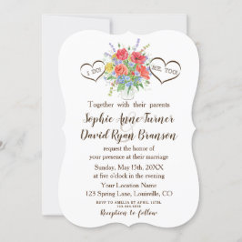 Invitation Aquarelle rustique Fleurs sauvages Coeurs Mariage