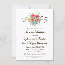 Invitation Aquarelle rustique Fleurs sauvages Coeurs Mariage