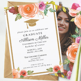 Invitation Aquarelle Rustique Floral Gold Photo Graduation