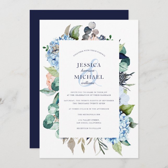 Invitation Aquarelle rustique Floral Hydrangea Mariage de mar (Devant / Derrière)