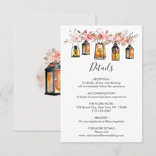 Invitation Aquarelle rustique Floral Lanterne Détails du Mari (Devant / Derrière)