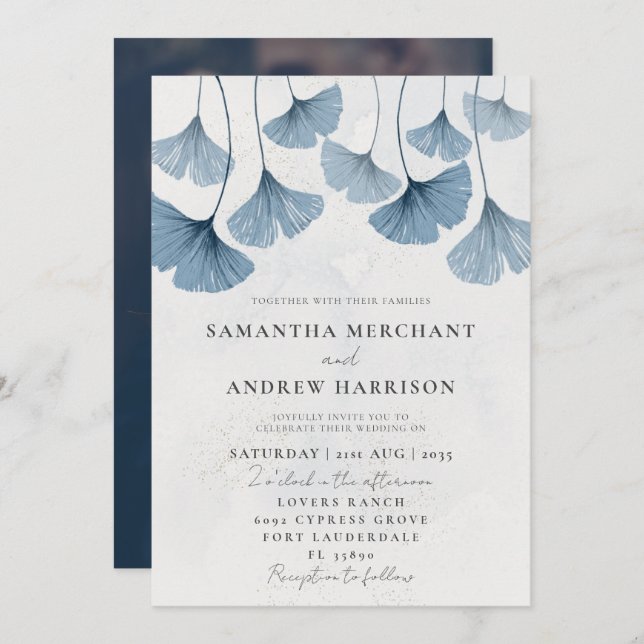 Invitation Aquarelle rustique Ginkgo Dusty Mariage bleu (Devant / Derrière)