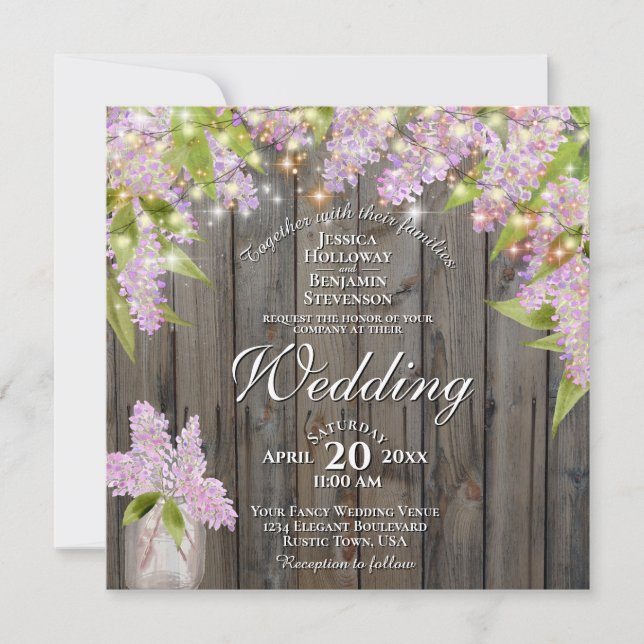 Invitation Aquarelle rustique Lilacs Grange Carré en bois Mar (Devant)