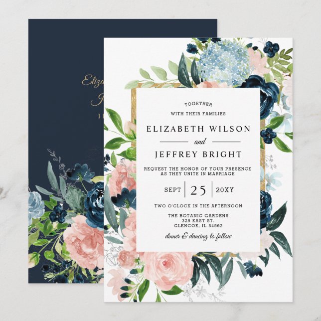 Invitation Aquarelle Rustique Marine Blush or Floral Mariage (Devant / Derrière)