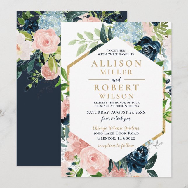 Invitation Aquarelle Rustique Marine Blush or Floral Mariage  (Devant / Derrière)