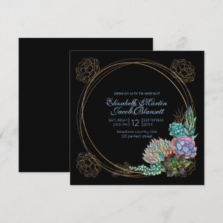 Invitation Aquarelle rustique Succulent, bleu et noir Mariage
