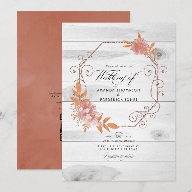 Invitation Aquarelle rustique Terracotta QR Code RSVP Mariage (Devant / Derrière)