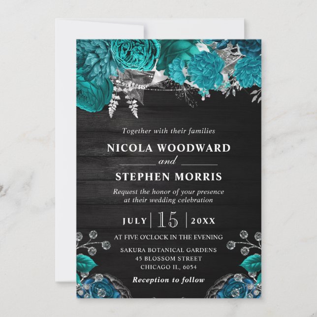 Invitation Aquarelle rustique Turquoise et Mariage Fleurs arg (Devant)