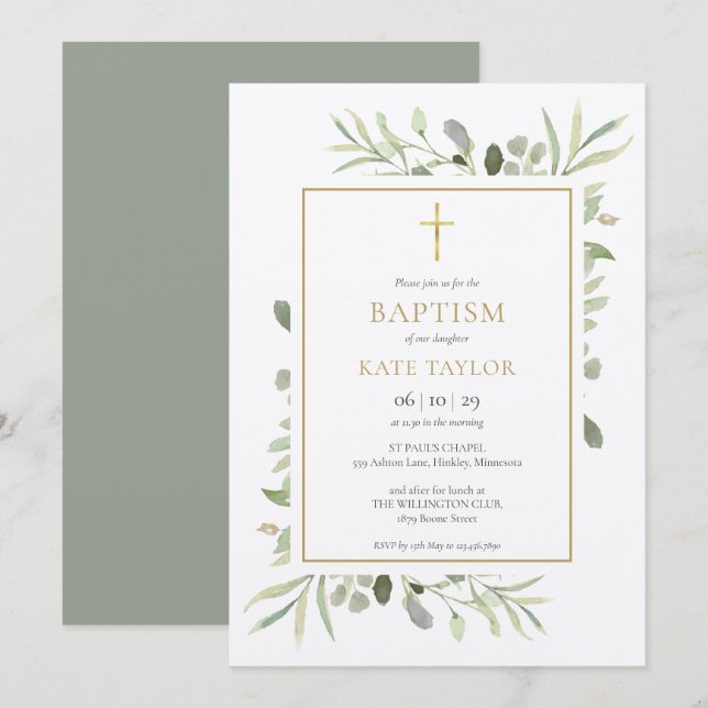 Invitation Aquarelle rustique Verdure Baptême Christening (Devant / Derrière)