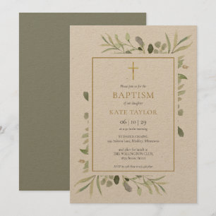 Invitation Aquarelle rustique Verdure Baptême Christening