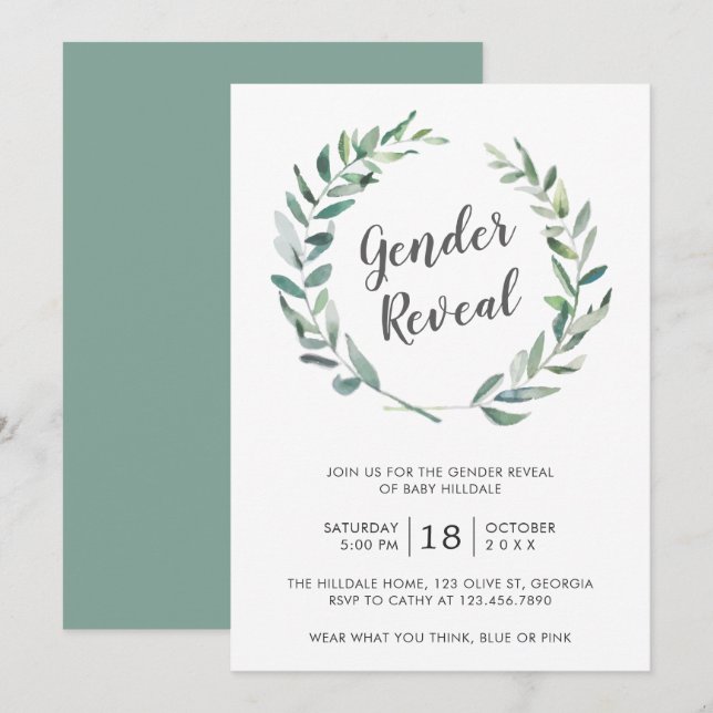 Invitation Aquarelle rustique Verdure Wreath Sexe Révélation (Devant / Derrière)