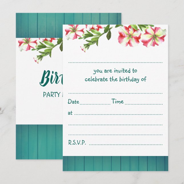 Invitation Aquarelle rustique vierge Trail Petunias Anniversa (Devant / Derrière)