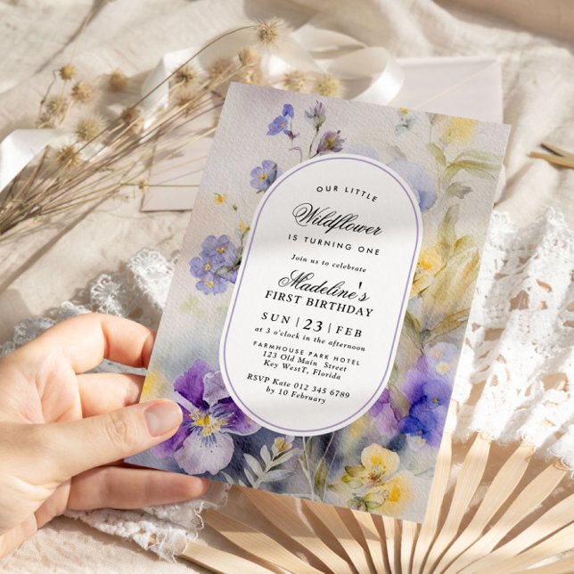 Invitation Aquarelle rustique violet et jaune 1er anniversair (Créateur téléchargé)