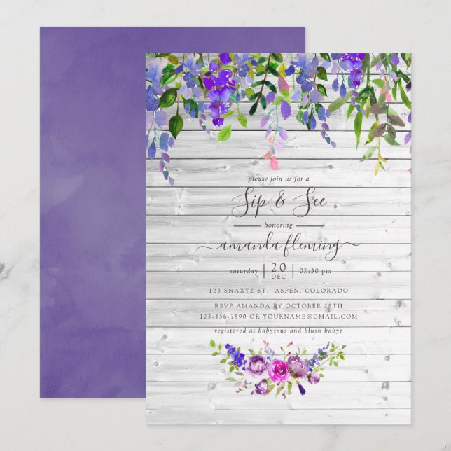 Invitation Aquarelle rustique Violet Floral Sip et voir (Devant / Derrière)