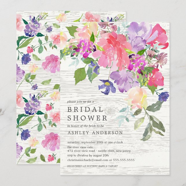 Invitation Aquarelle rustique violet rose Fête des mariées fl (Devant / Derrière)