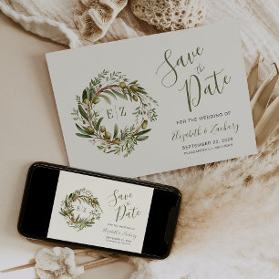 Invitation Aquarelle rustique Wreath Olive Enregistrer la dat