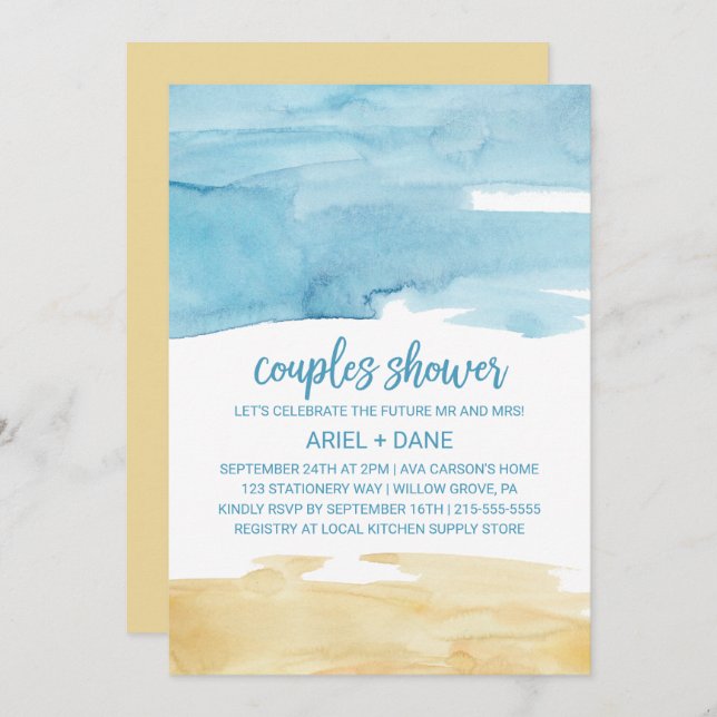 Invitation Aquarelle Sable et Couples de mer Douche (Devant / Derrière)