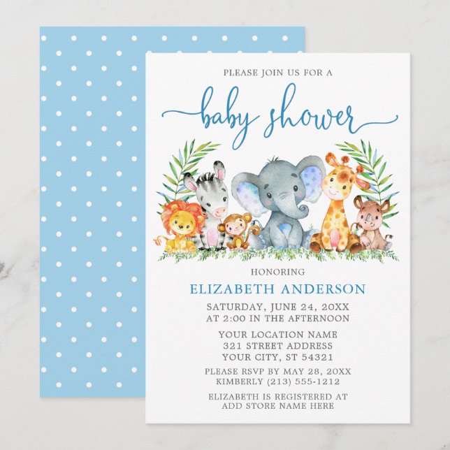 Invitation Aquarelle Safari Animaux Baby shower bleu Script (Devant / Derrière)