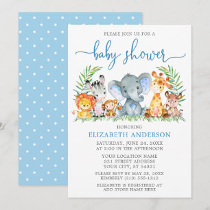 Invitation Aquarelle Safari Animaux Baby shower bleu Script