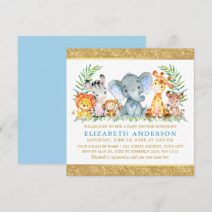 Invitation Aquarelle Safari Animaux Baby shower Blue Gold Sq