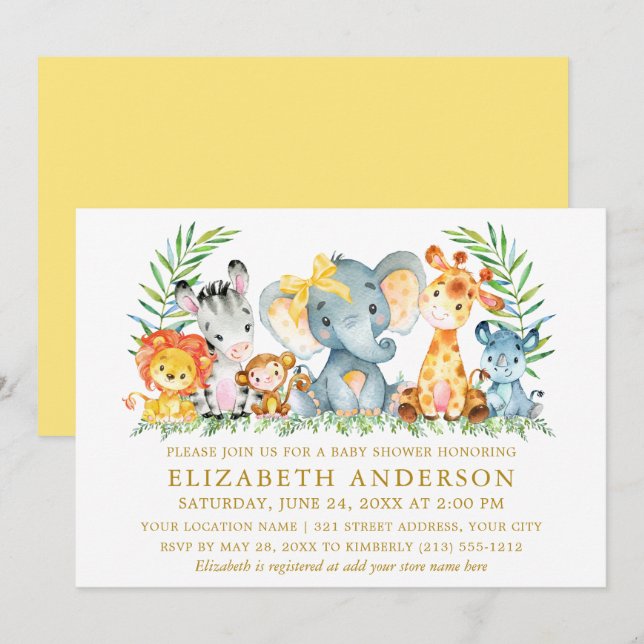 Invitation Aquarelle Safari Animaux Baby shower Bow Jaune (Devant / Derrière)