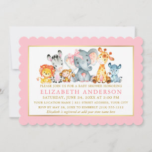 Invitation Aquarelle Safari Animaux Baby shower Bow rose