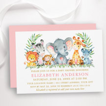 Aquarelle Safari Animaux Baby shower Or rose