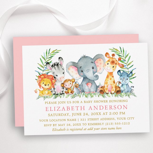 Invitation Aquarelle Safari Animaux Baby shower Or rose (Customize to change text color, size, text style or change color of back of card.)