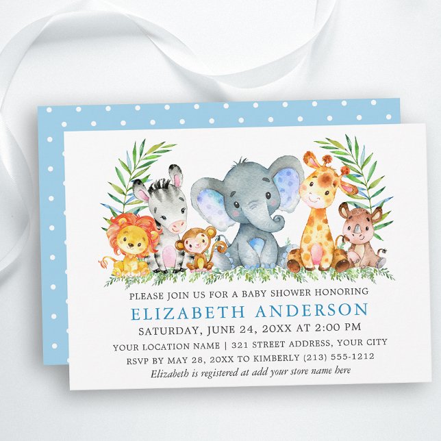 Invitation Aquarelle Safari Animaux Baby shower Points Bleus (Customize to change text color, size or text style.)