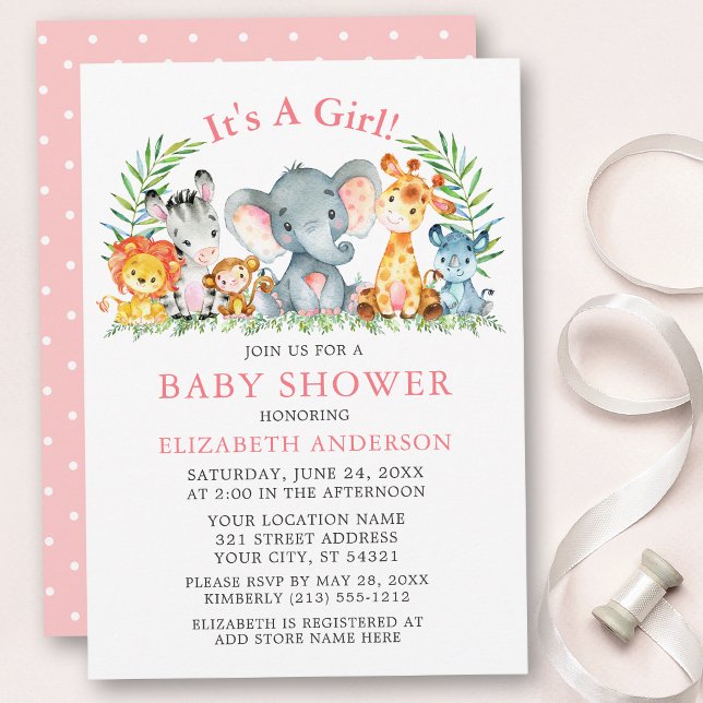 Invitation Aquarelle Safari Animaux Baby shower points roses (Customize to change text color, size or text style.)