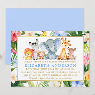 Invitation Aquarelle Safari Animaux Baby shower Tropical