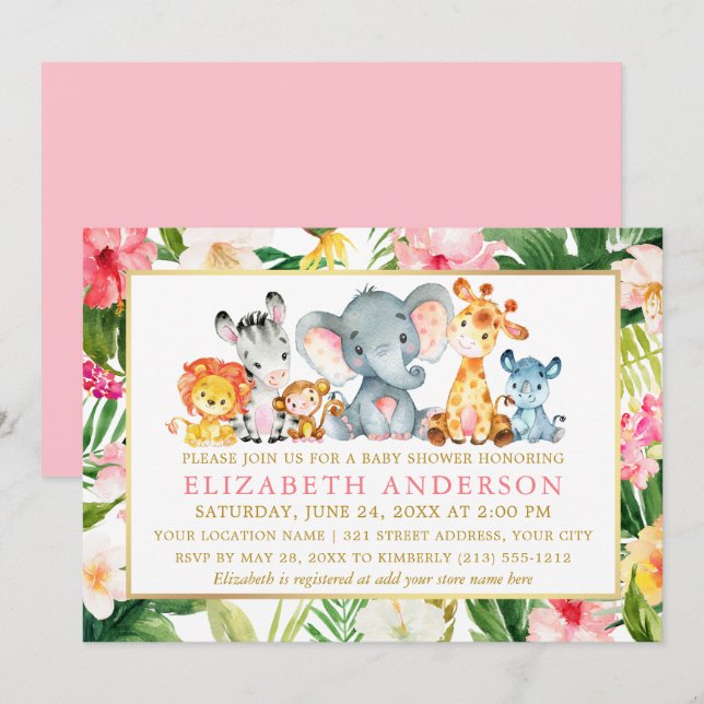 Invitation Aquarelle Safari Animaux Baby shower tropical (Devant / Derrière)